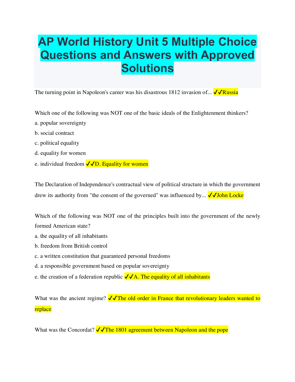 Preview of AP World History Unit 5 Multiple Choice Questions and Answers with Approved Solutions